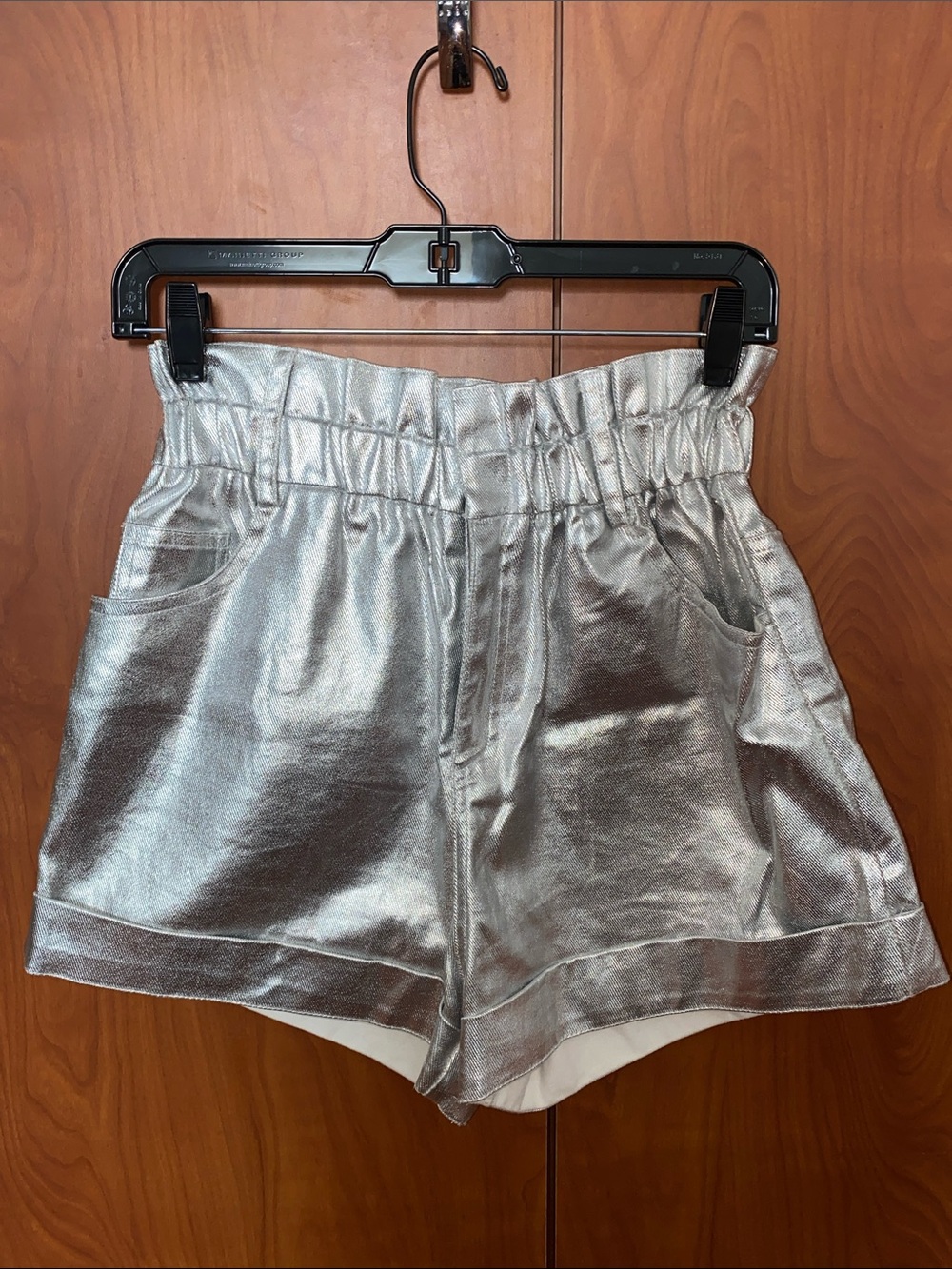 High-Waist Metallic Silver Paperbag Shorts